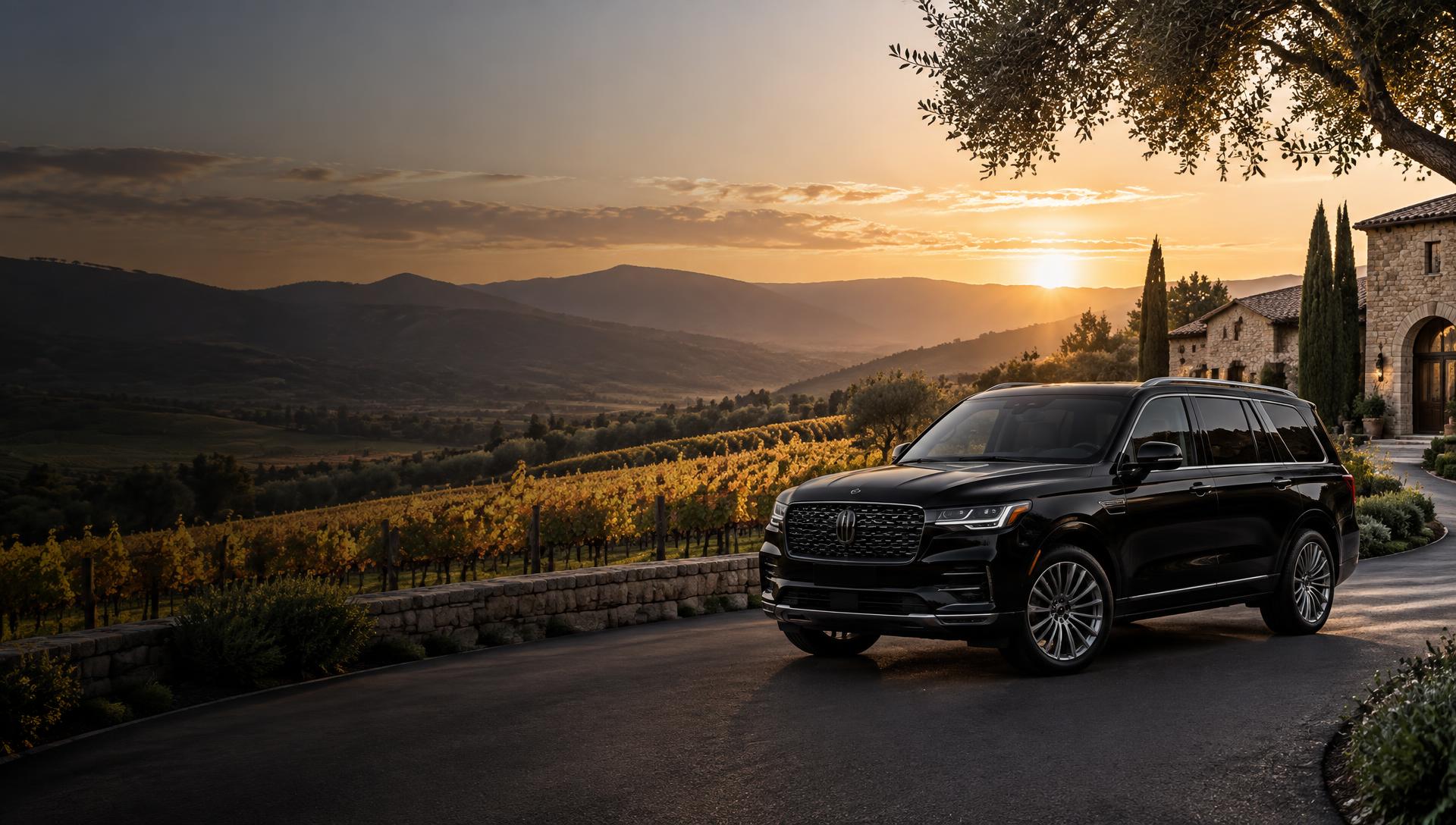 Black luxury SUV overlooking golden Napa Valley vineyards at sunset